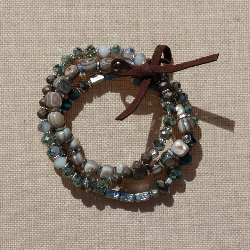 Bracelet 3 rangs, tons beige, bleu, métal