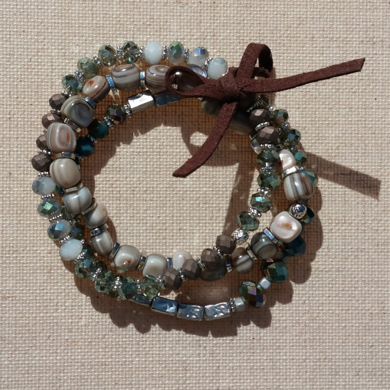 Bracelet 3 rangs, tons beige, bleu, métal