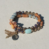 Bracelet double rangs prune, bleu clair et bois