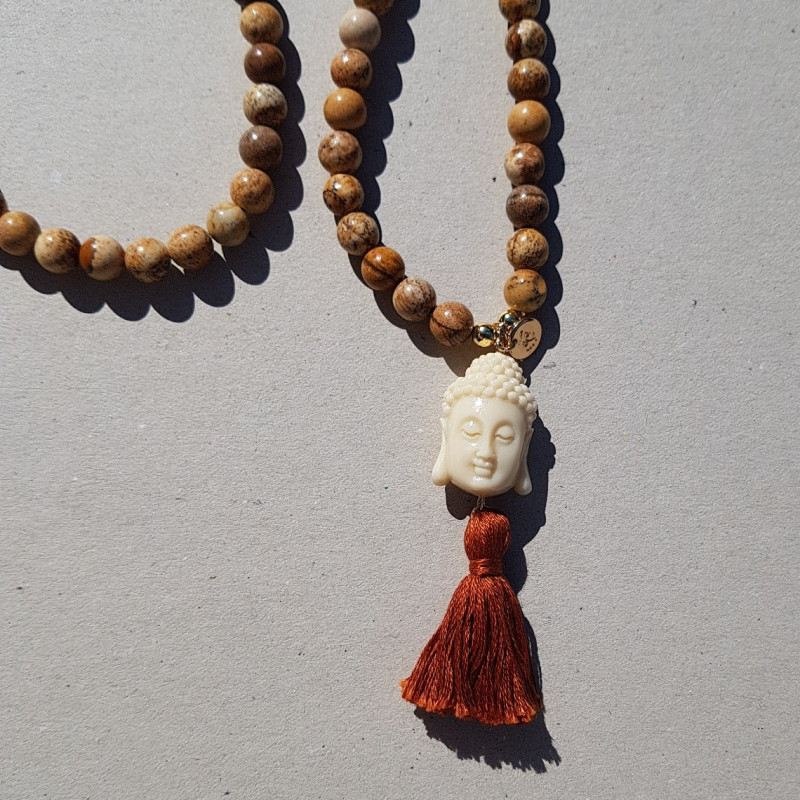 Collier Bouddha pompon marron