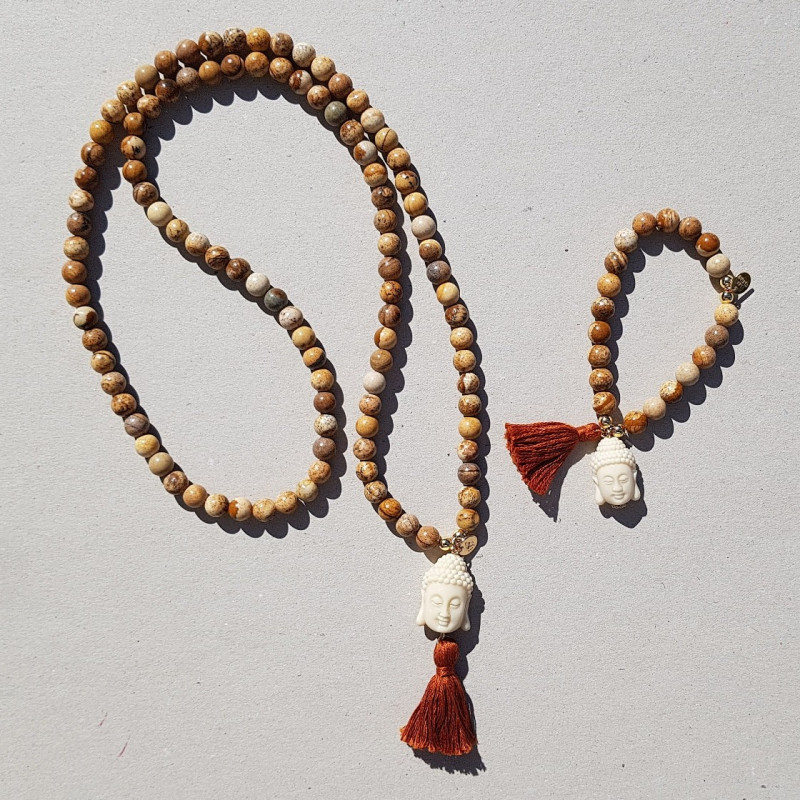 Bracelet pompon beige et Bouddha