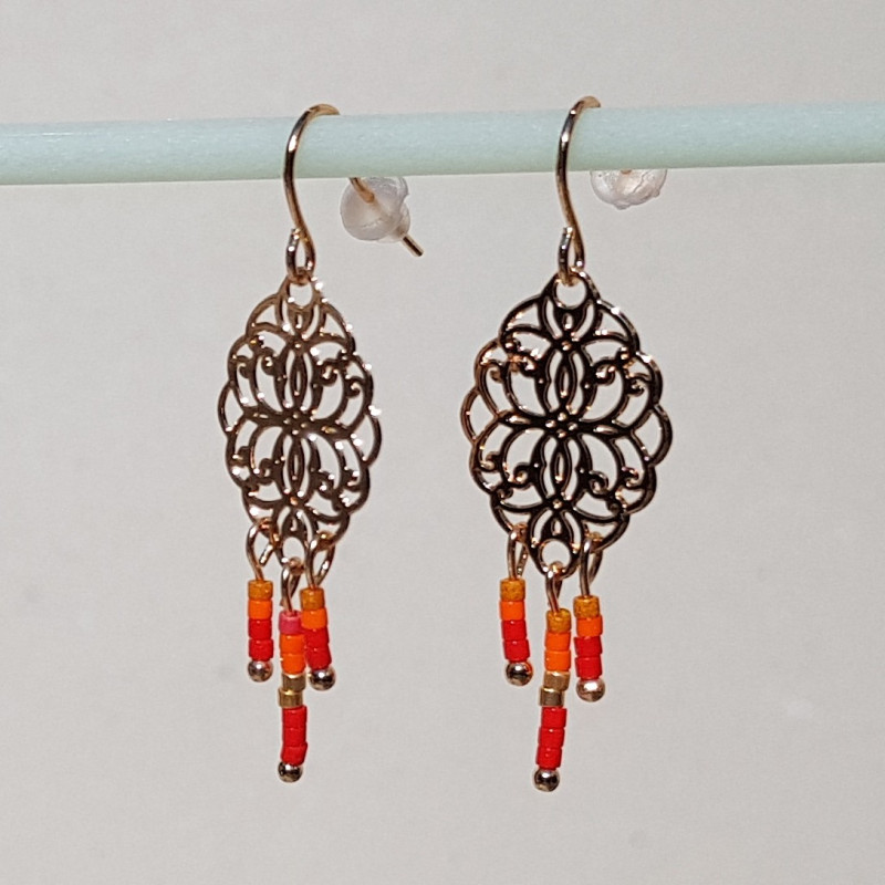 Boucles d'oreilles métal doré et perles orange