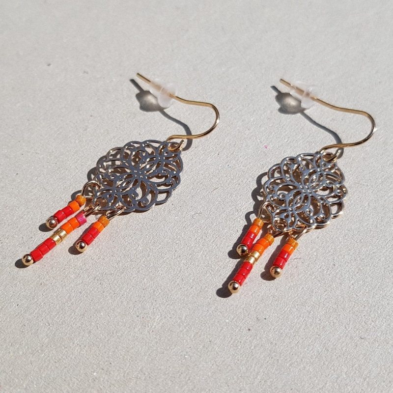 Boucles d'oreilles métal doré et perles orange