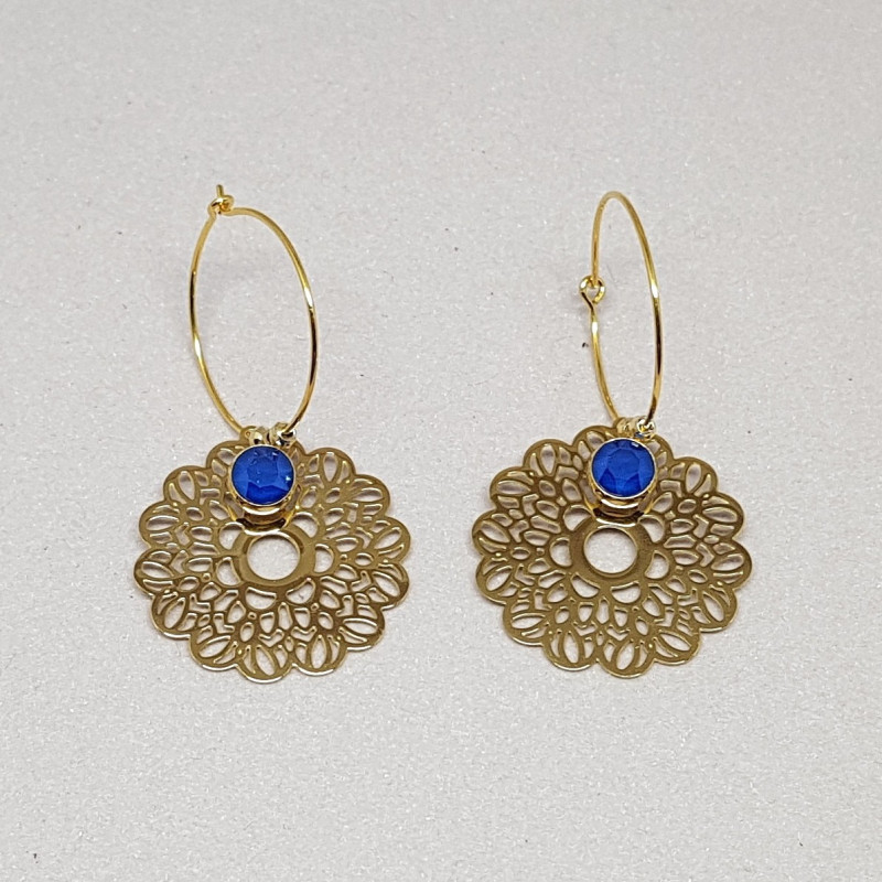 Sautoir doré rosace métal et cristal Swarovski bleu
