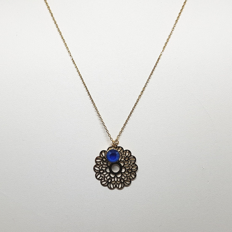 Sautoir doré rosace métal et cristal Swarovski bleu