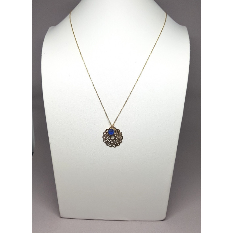 Sautoir doré rosace métal et cristal Swarovski bleu