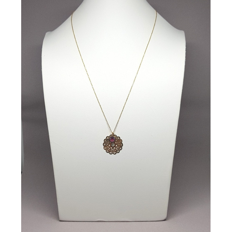 Sautoir doré rosace métal et cristal Swarovski rouge