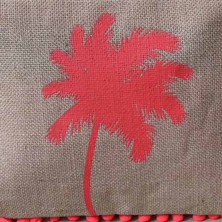 Pochette jute à pompons, palmier corail