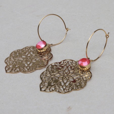 Boucles d'oreilles rosace métal doré et cristal Swarovski rouge orangé