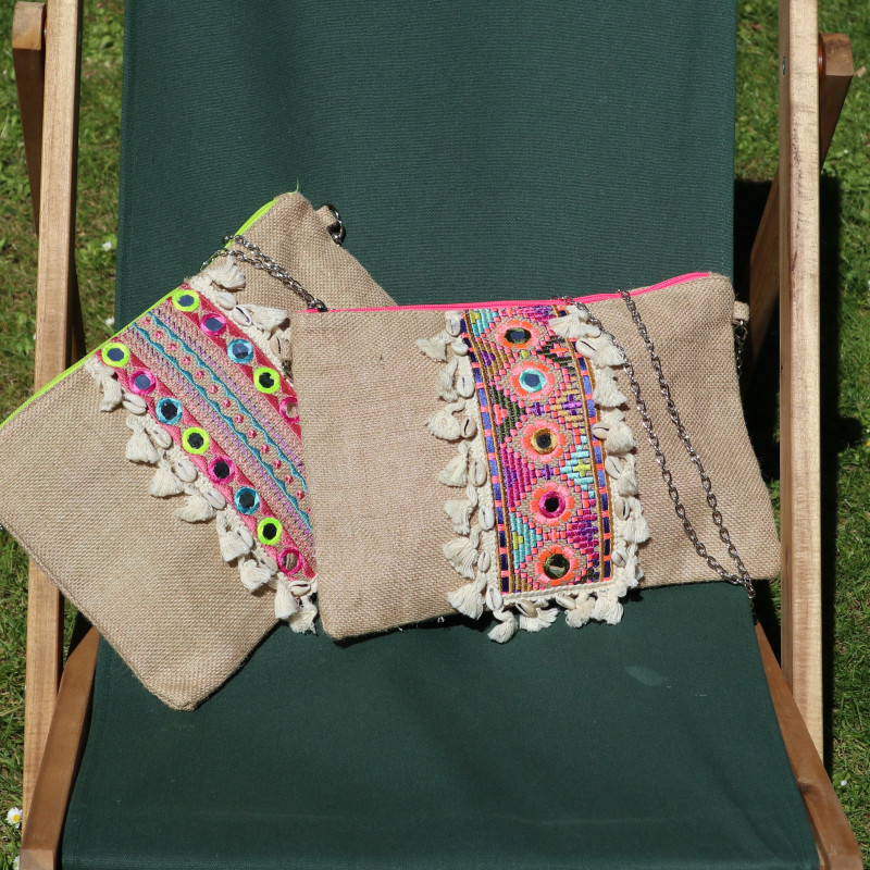 Pochette jute à miroirs, jaune