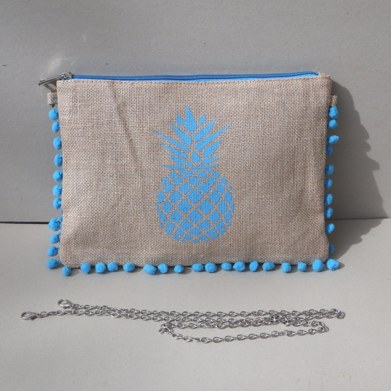Pochette jute Ananas bleu turquoise