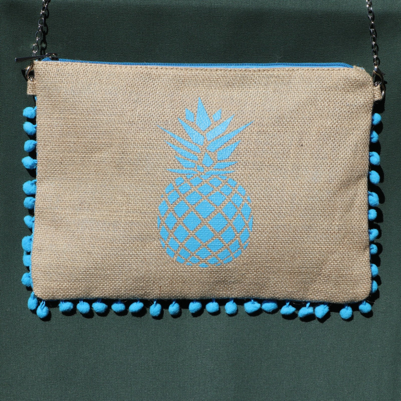 Pochette jute Ananas bleu turquoise