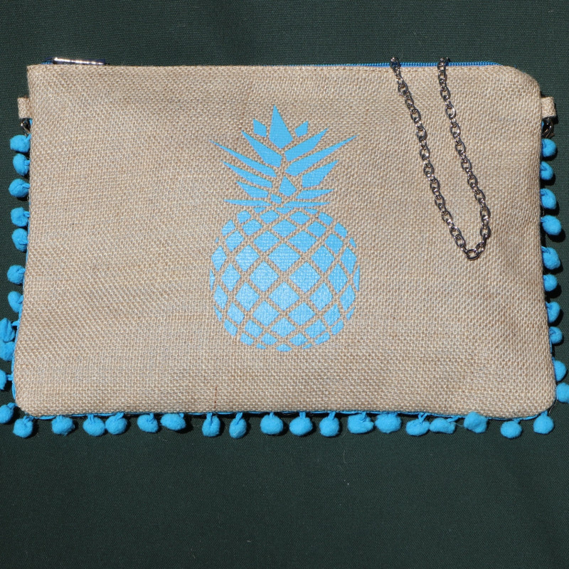 Pochette jute Ananas bleu turquoise