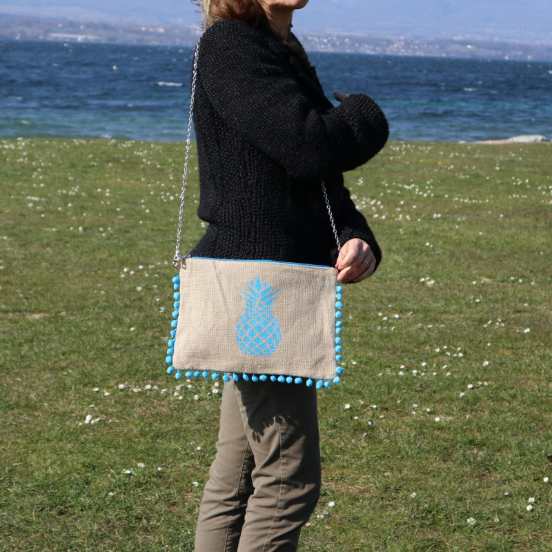 Pochette jute Ananas bleu turquoise