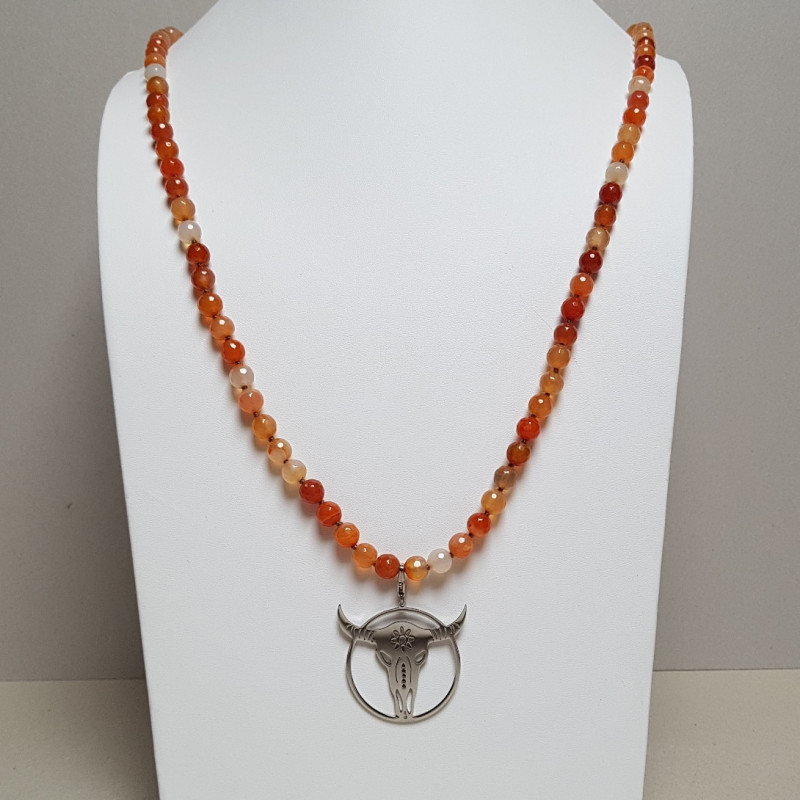 Collier perles orange/brun rouge