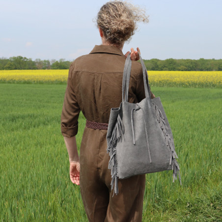 Sac cabas à franges en daim gris