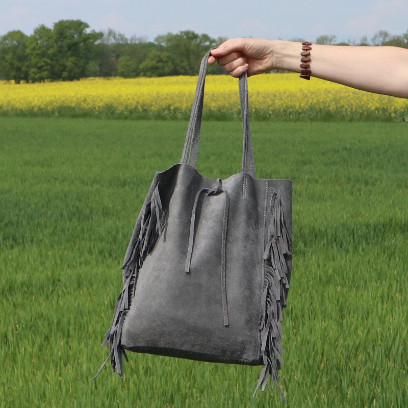 Sac cabas à franges en daim gris