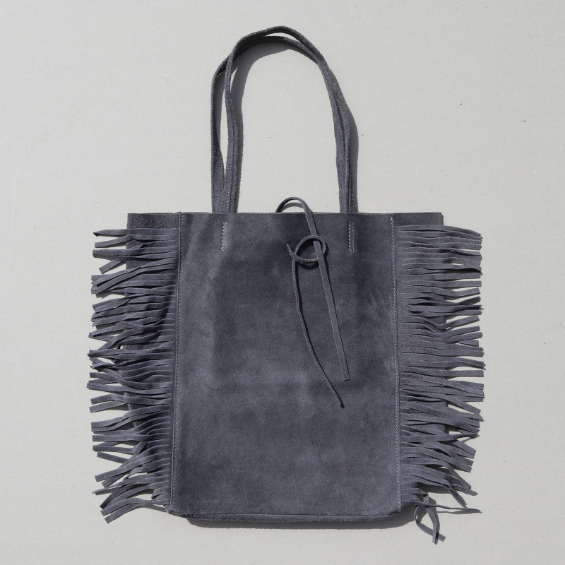 Sac cabas à franges en daim gris