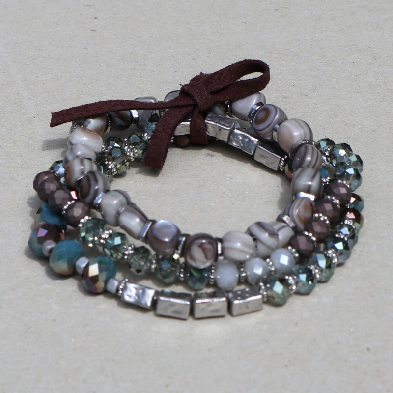 Bracelet 3 rangs, tons beige, bleu, métal