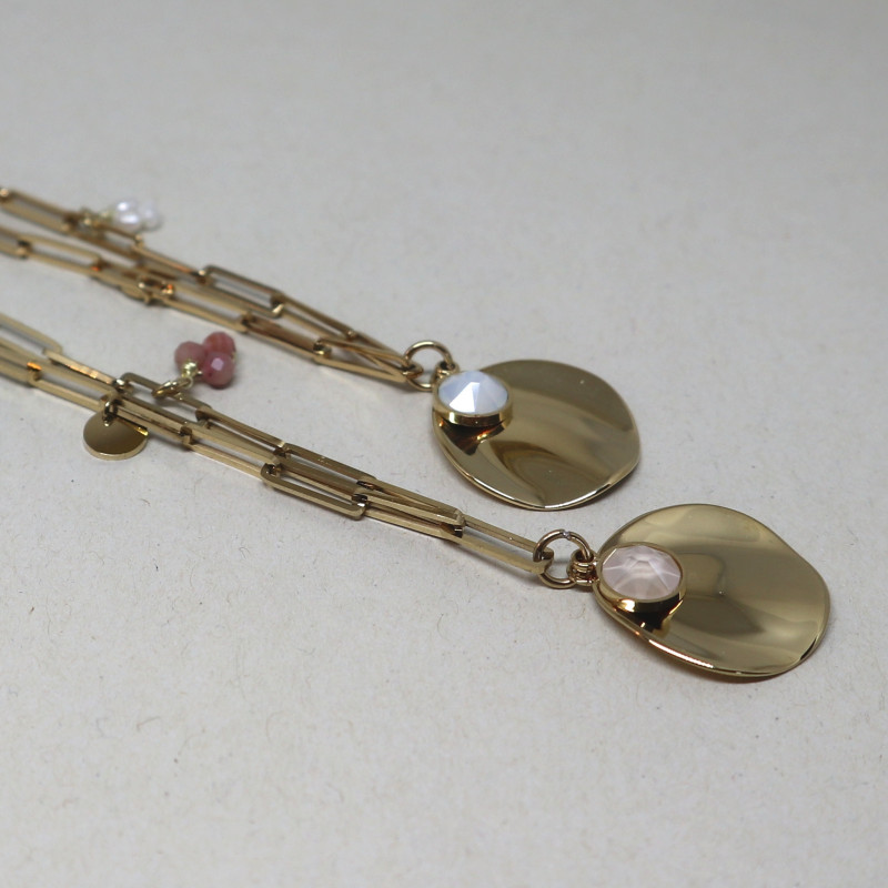 Collier maille rectangle, perles blanches
