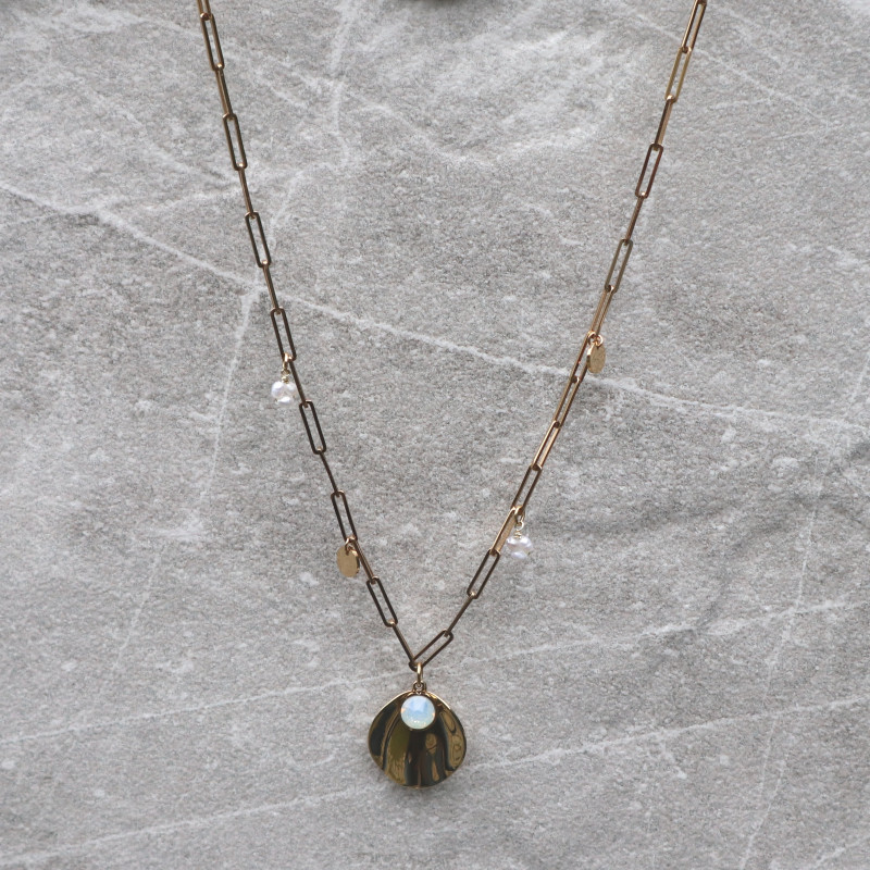 Collier maille rectangle, perles blanches