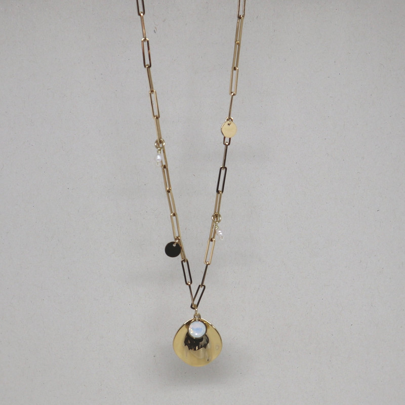 Collier maille rectangle, perles blanches