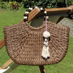 Sac panier marron, anses perles
