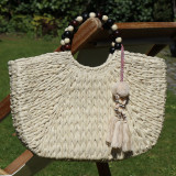 Sac panier écru, anses perles