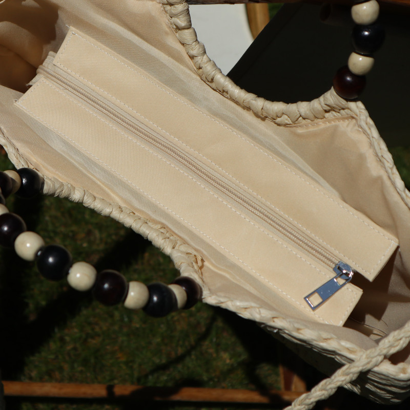 Sac panier écru, anses perles