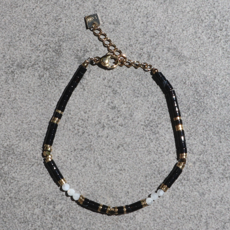 Bracelet orné de pierres naturelles, agate noire et blanche