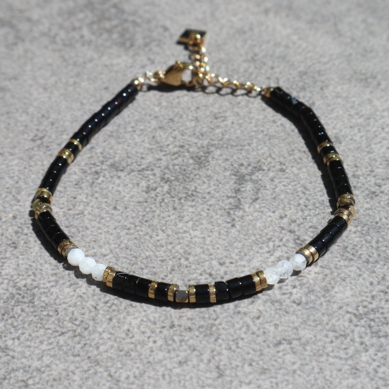 Bracelet orné de pierres naturelles, agate noire et blanche