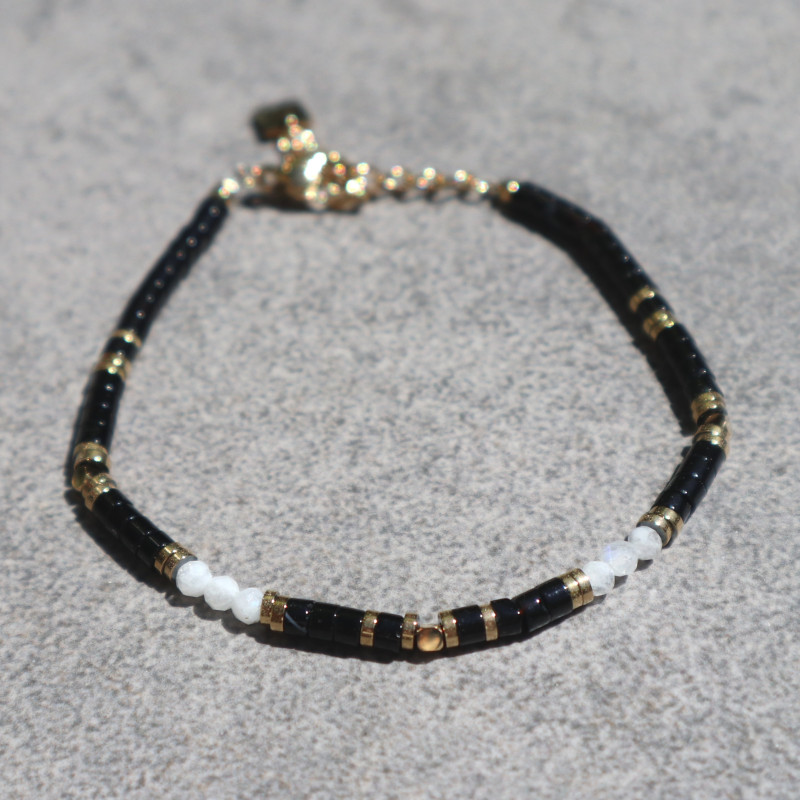 Bracelet orné de pierres naturelles, agate noire et blanche
