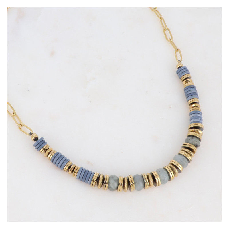 Collier tour de cou doré et pierres Labradorite