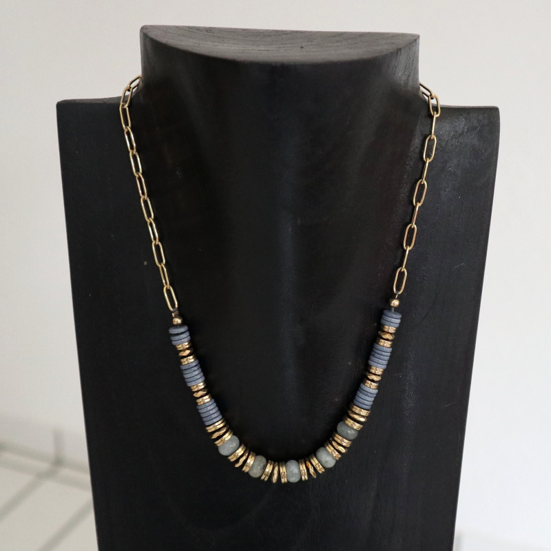 Collier tour de cou doré et pierres Labradorite