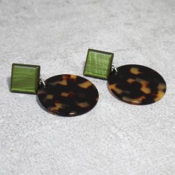 Boucles d'oreilles clip, pendentif rond, vert et écaille