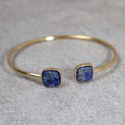 Jonc doré, 2 pierres naturelles carrées, Lapis lazuli