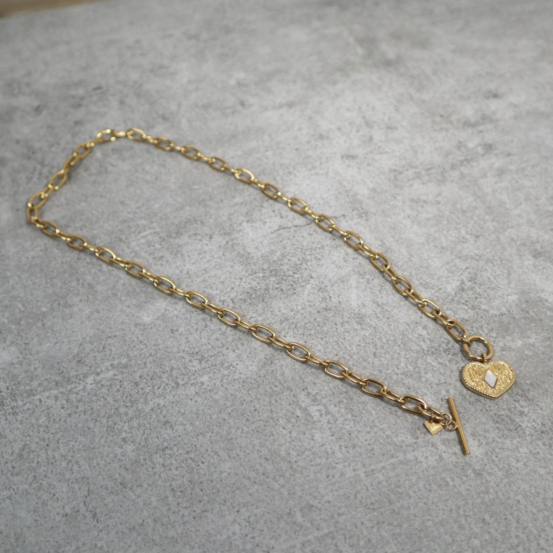 Collier pendentif coeur, pierre naturelle, nacre blanche