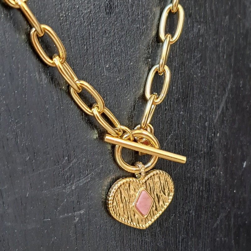 Collier pendentif coeur, pierre naturelle, rhodonite