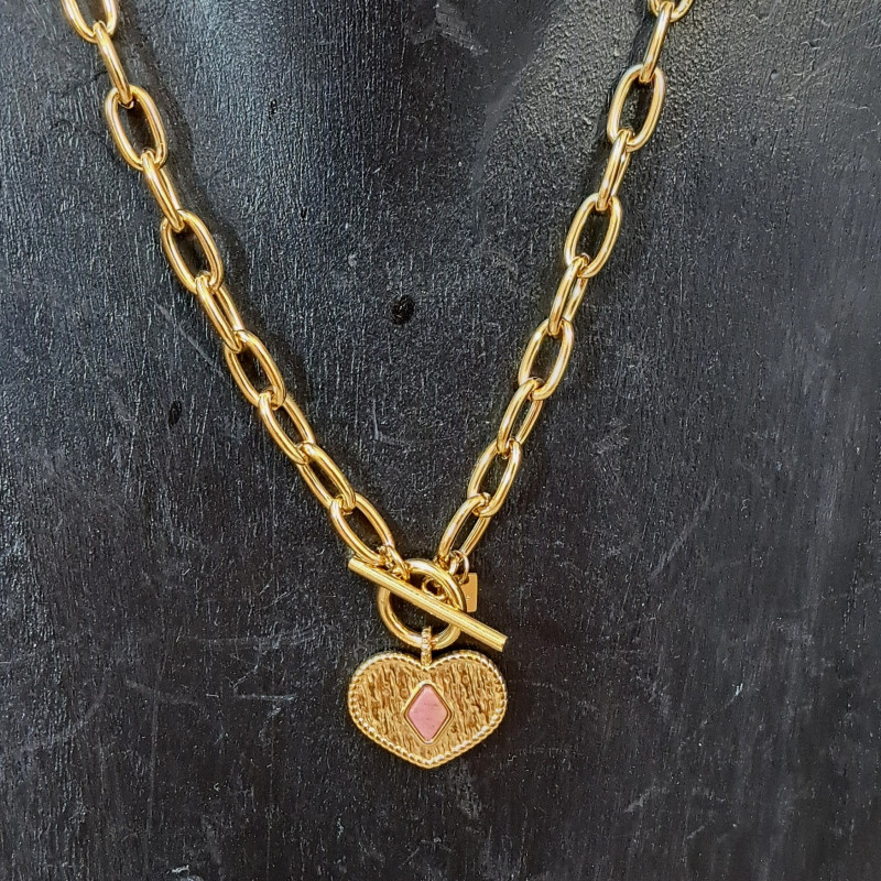 Collier pendentif coeur, pierre naturelle, rhodonite
