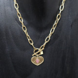 Collier pendentif coeur, pierre naturelle, rhodonite
