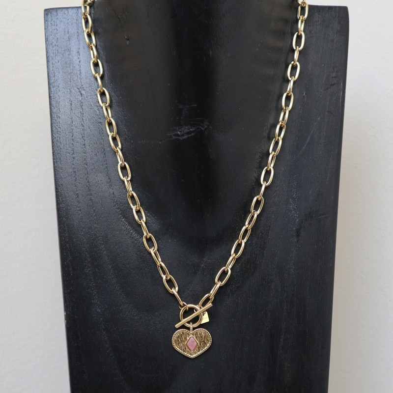 Collier pendentif coeur, pierre naturelle, rhodonite