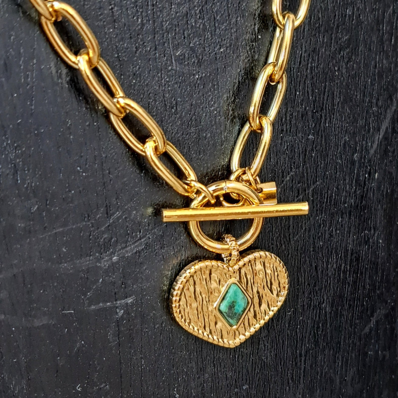 Collier pendentif coeur, pierre naturelle, turquoise africaine