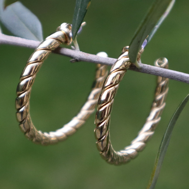 Boucles d'oreilles type créoles, dorées, oreilles percées