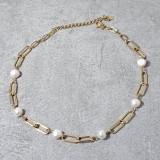 Collier maille rectangle, perle d'eau douce