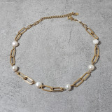 Collier maille rectangle, perle d'eau douce