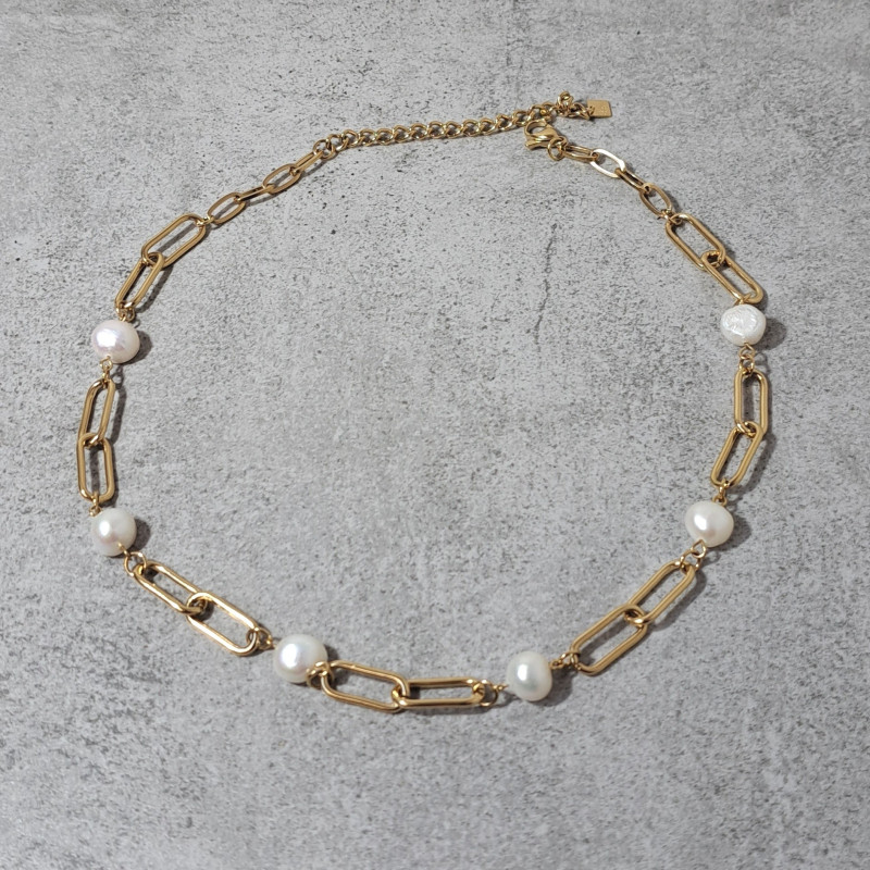 Collier maille rectangle, perle d'eau douce