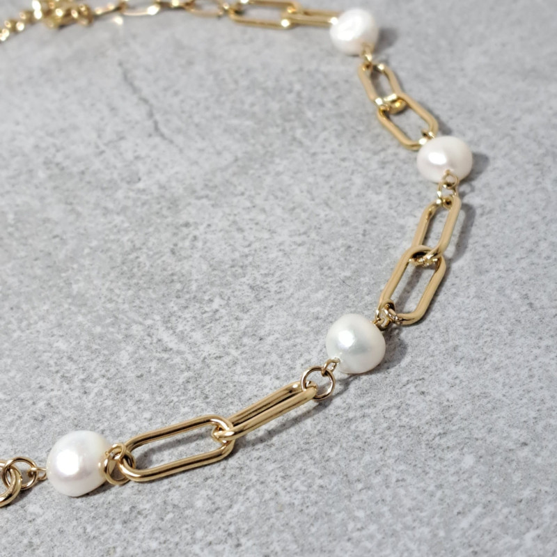 Collier maille rectangle, perle d'eau douce
