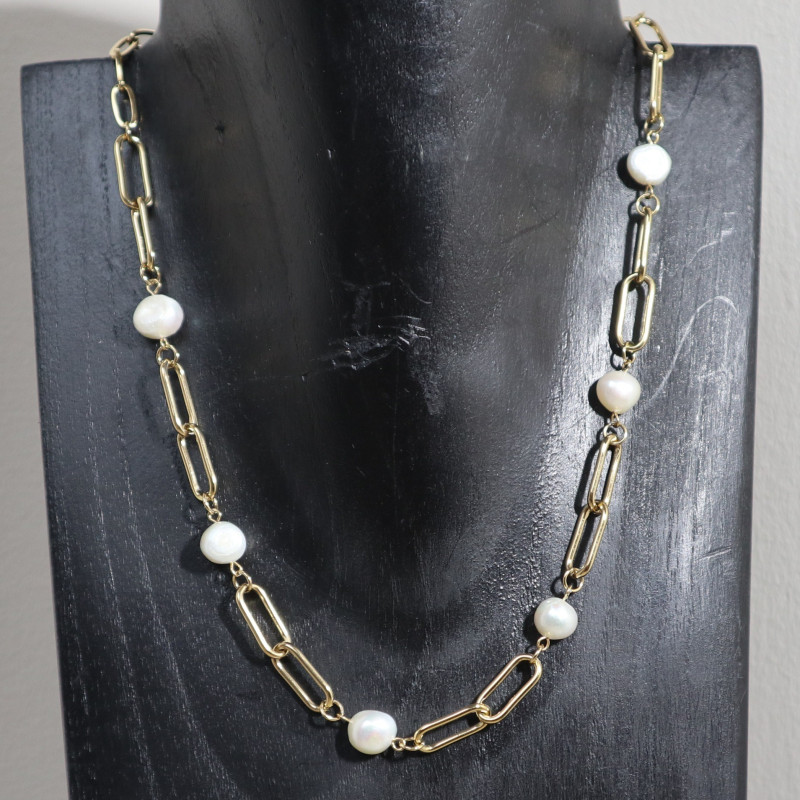 Collier maille rectangle, perle d'eau douce