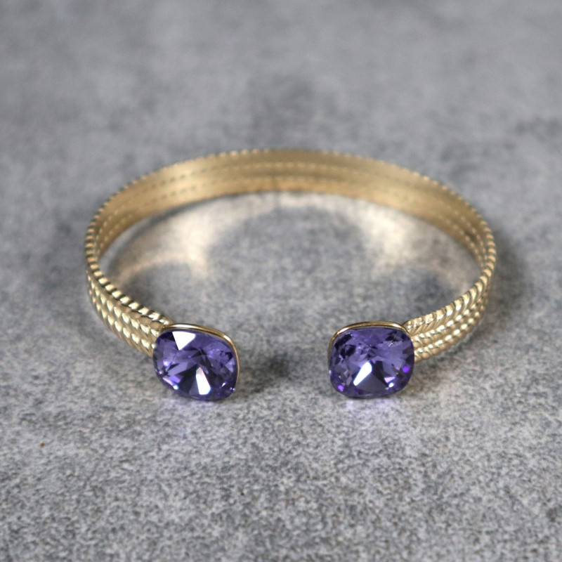 Jonc doré, effet tressé, cristaux carrés, bleu