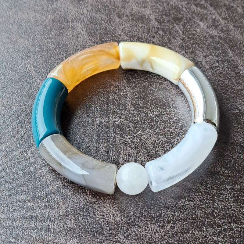 Bracelet en résine, beige, bleu, gris